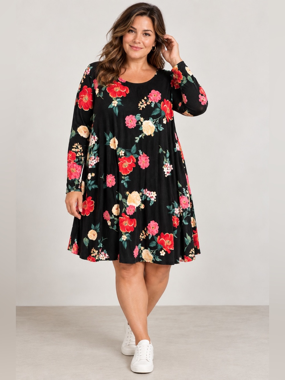 Old Navy XL Petite Black Floral Long Sleeve Swing Dress